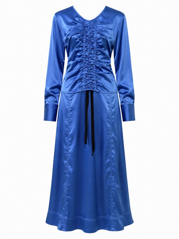 【新品DRESS 2674】フロントギャザーリボンサテンミモレ丈フレアロングドレス ブルー【GANNI】